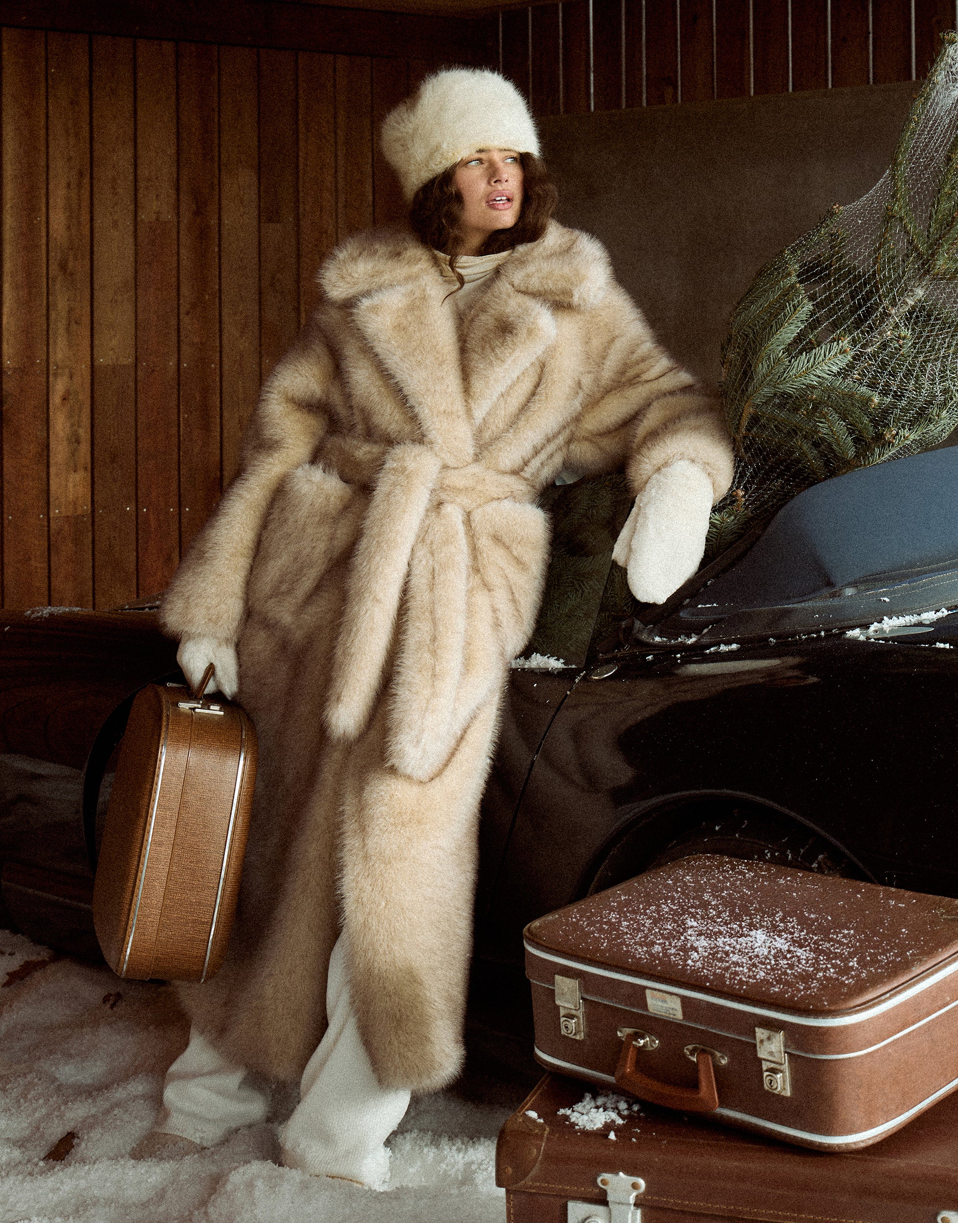 Beige Faux Fur Oversized Tie Waist Maxi Coat